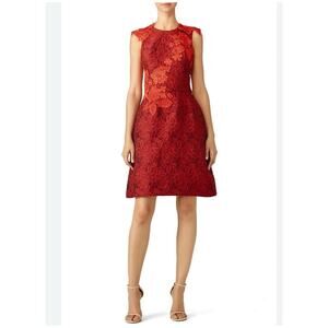 ML Monique Lhuillier Red Lace Brocade Fit Flare Dress Wedding Sz 2